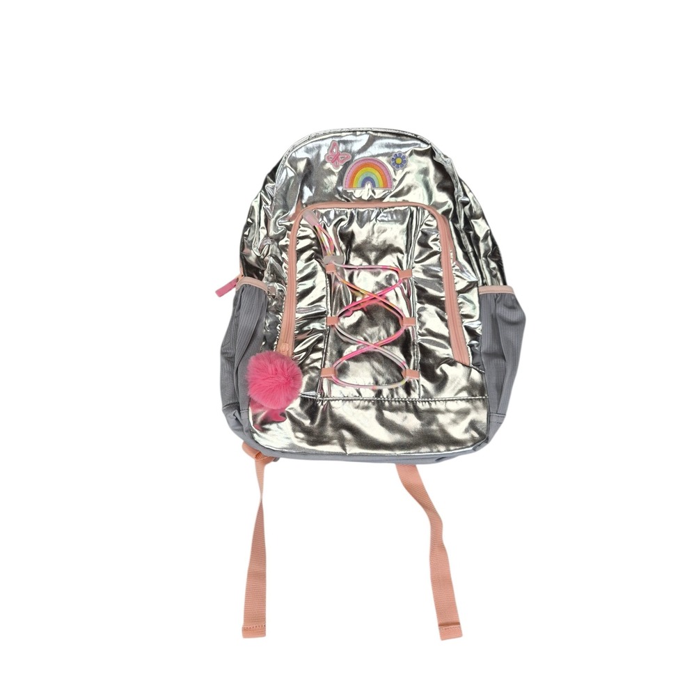 Cat & Jack Girls Metallic Silver Rainbow Novelty Backpack Pink Pom Pom NWT